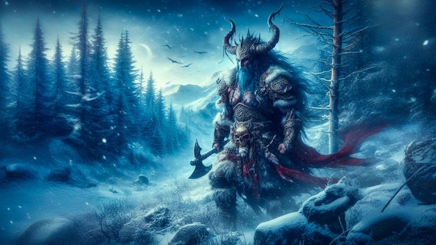 Fantasy Viking Warrior Horned Helmet Moonlit Snowscape Mythical Atmosphere