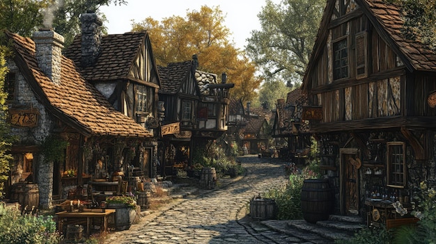 Fantasy village with cobblestone streets lined by wooden houses and taverns