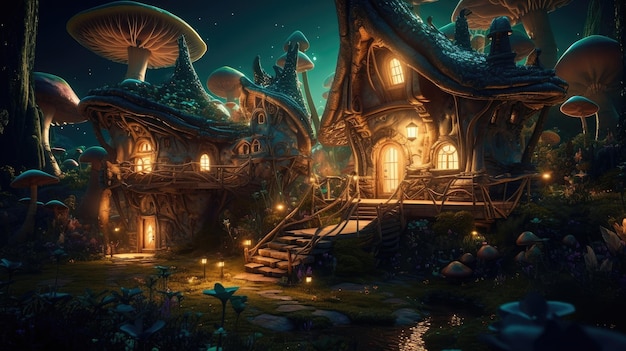 A fantasy village with a mushroom house and a mushroom house.