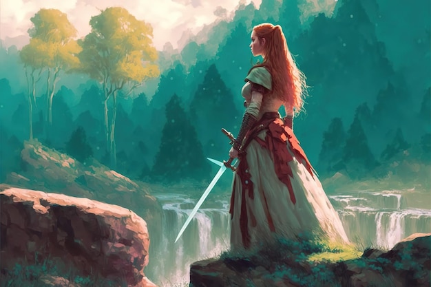 Fantasy warrior girl with a sword near a pond