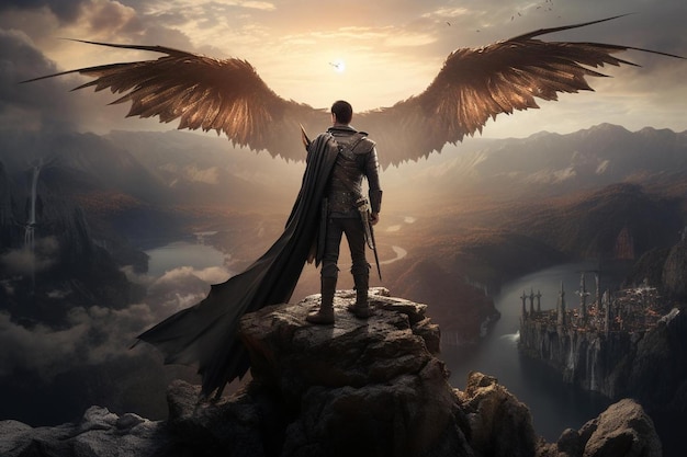 A fantasy warrior with wings on his back stands on a mountain top