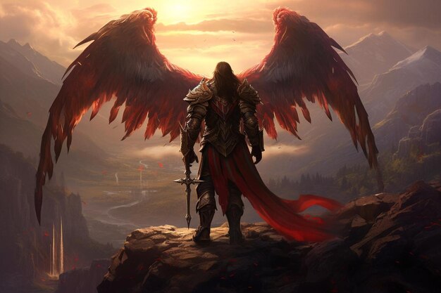 A fantasy warrior with wings on his back stands on a mountain top