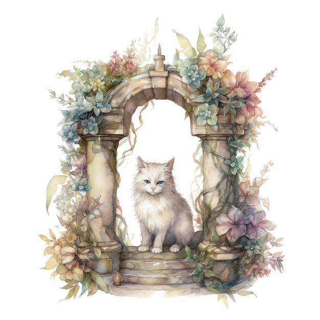 Fantasy watercolor cat in a floral arch garden illustration