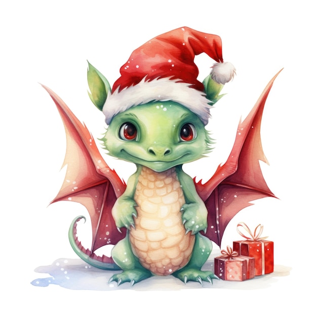 Fantasy watercolor christmas dragon with gift boxes on white background Symbol of the year 2024 Generative AI content