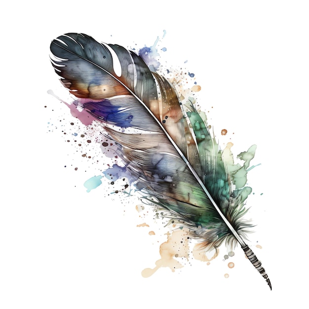 Fantasy watercolor colorful feather illustration