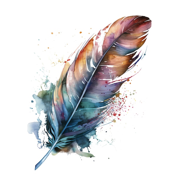 Fantasy watercolor colorful feather illustration