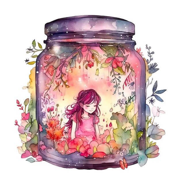 Fantasy watercolor fairy in a jar illustration