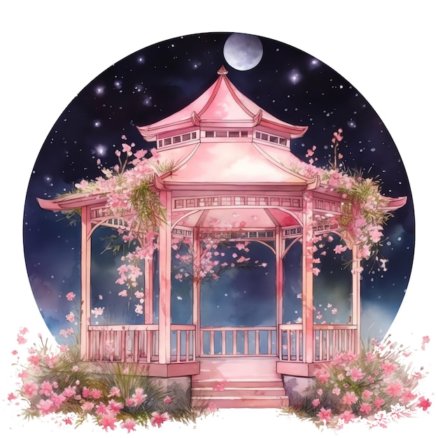 Fantasy watercolor gazebo in the night illustration