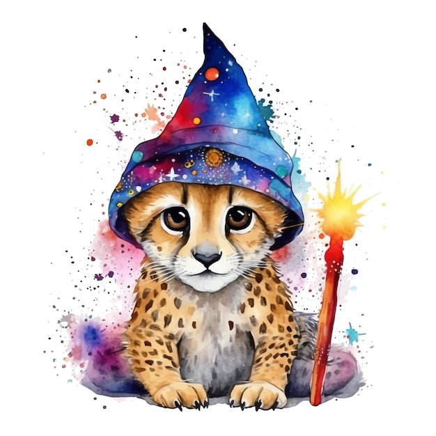 Fantasy watercolor magical wizard Cheetah illustration