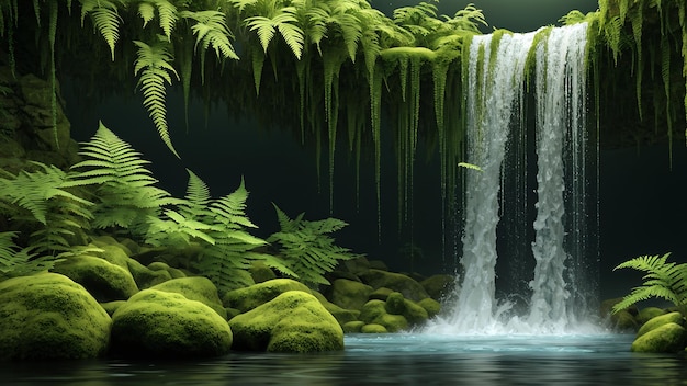 Fantasy Waterfall With Green Ferns In The Water 3D Render