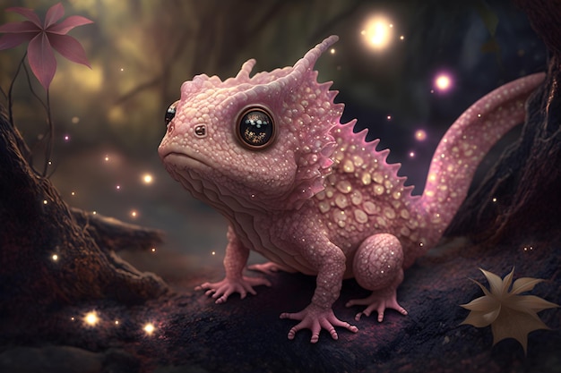 Fantasy Wildlife photography of a cute pink baby dragon with big eyes generative ai