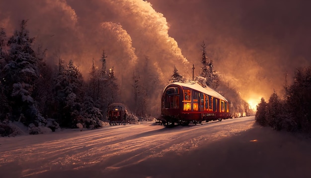 Fantasy winter forest with a train 3d rendering Raster illustration