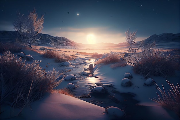 Fantasy winter landscape Sunrise over the rivergenerative ai