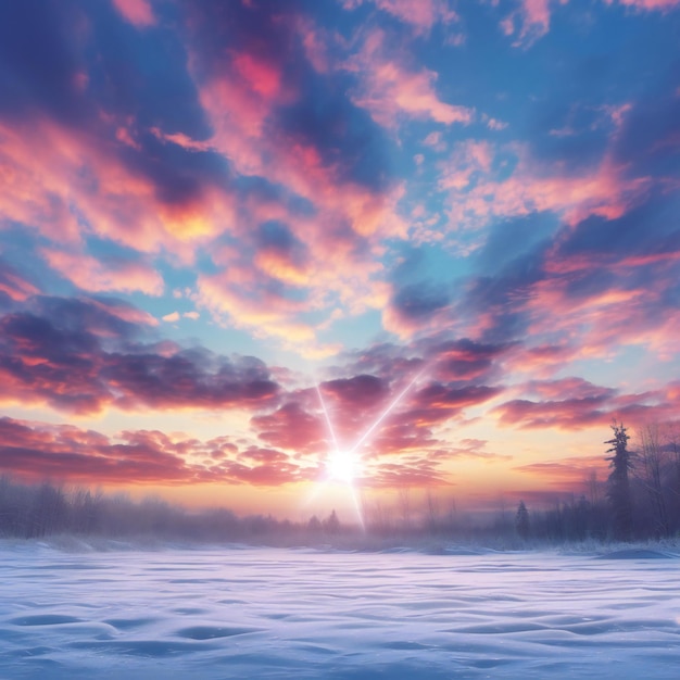 Fantasy winter landscape Sunrise over the snowcovered field