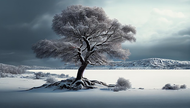 Fantasy winter landscape with snow covered trees and mountainsgenerative ai