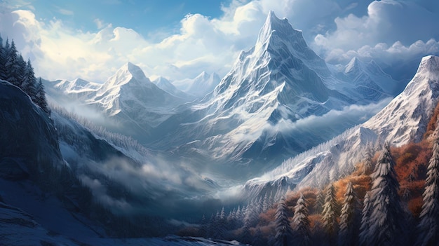 Fantasy winter landscape with snowcapped mountains