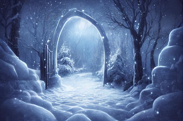 Fantasy winter snowy landscape with magic portal