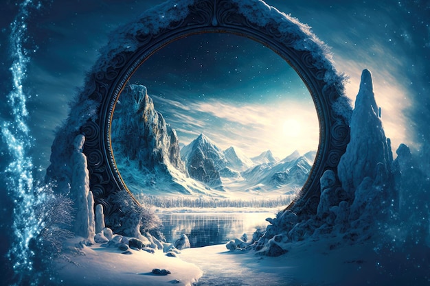 Fantasy winter snowy landscape with magic portal