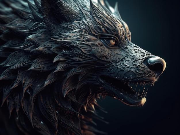 Fantasy wolf head on a black background created with Generative AI technology