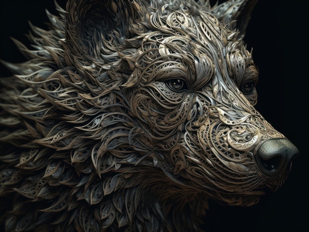 Fantasy wolf head on a black background created with Generative AI technology