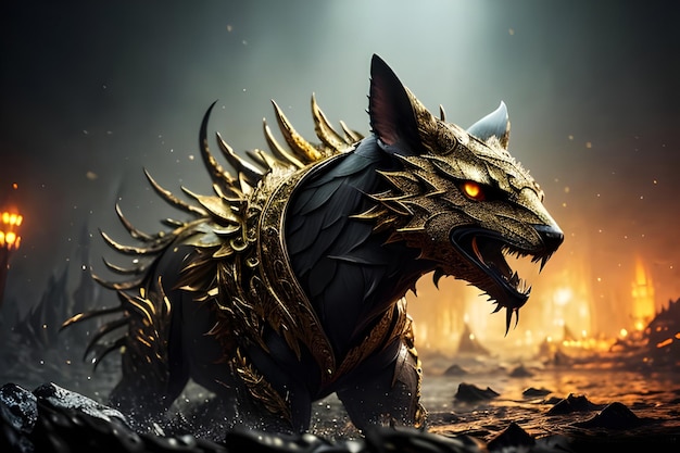 A fantasy wolf with a golden crown and a burning fire in the background.