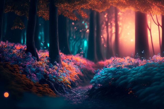 Fantasy wonderland landscape in dark forest Generative AI