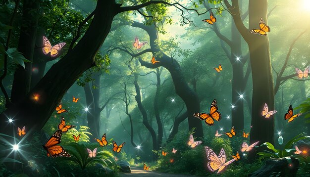 Fantasy world Enchanted forest with beautiful butterflies and magic lights isolated with white