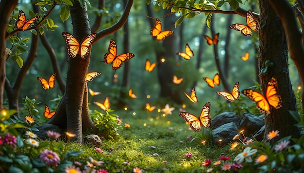 Fantasy world Enchanted forest with beautiful butterflies and magic lights isolated with white