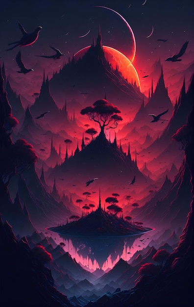 Fantasy world red gradient sunset floating island space view comets jungle birds Illustration