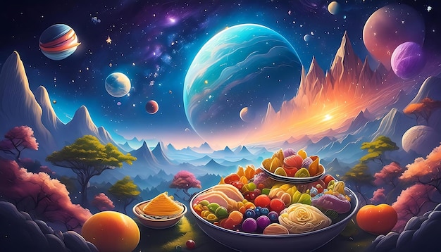 A fantasy world that has fresh fruit featuring a nighttime atmosphere with stars and planets