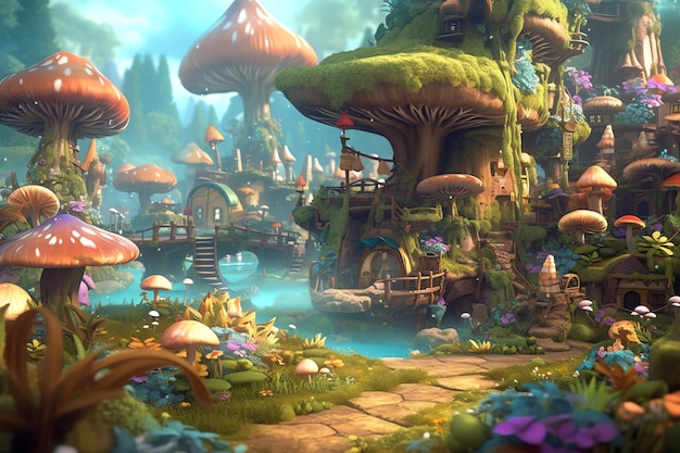 A fantasy world with a mushroom house and a garden.