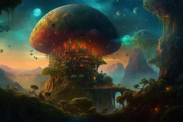 A fantasy world with a mushroom house and a planet