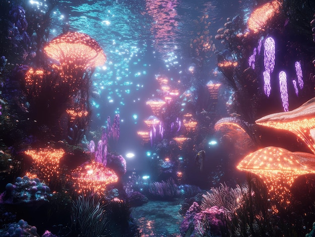 Photo fantasyinspired underwater kingdom with glowing corals giant sea creatures and ethereal lights ar 43 v 61 job id 6fe91d8b81794f05905b99a337b4ed0a