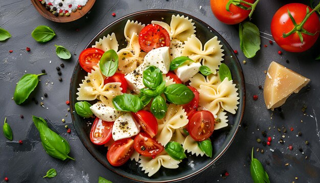 Photo farfalle pasta caprese salad with tomato mozzarella and basil top view