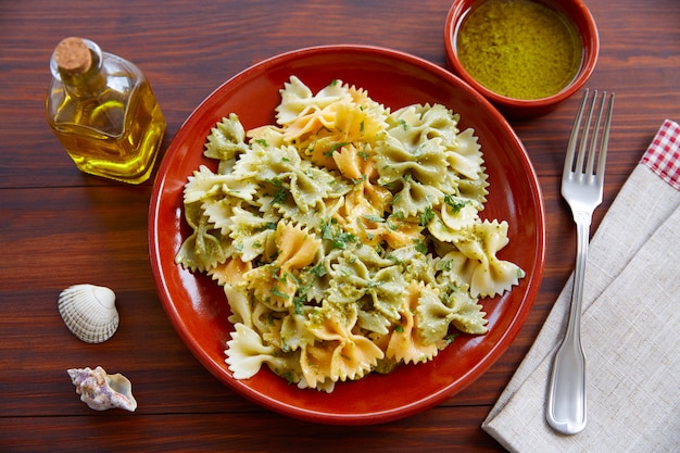 Farfalle pasta with Pesto on wood