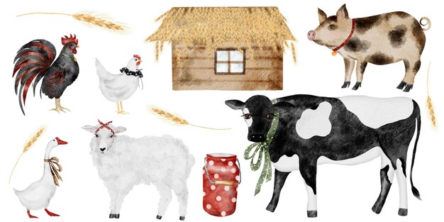 Photo farm animal watercolor hand drawn isolated on white background domestic animals cow pig sheep