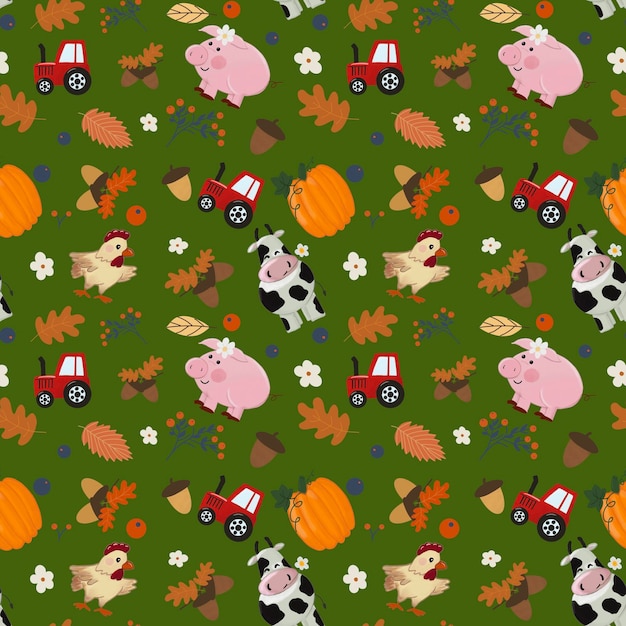 Farm animals and tractors autumn seamless pattern on green background