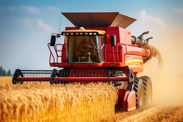 Farm combine harvester in a large agricultural field during covid