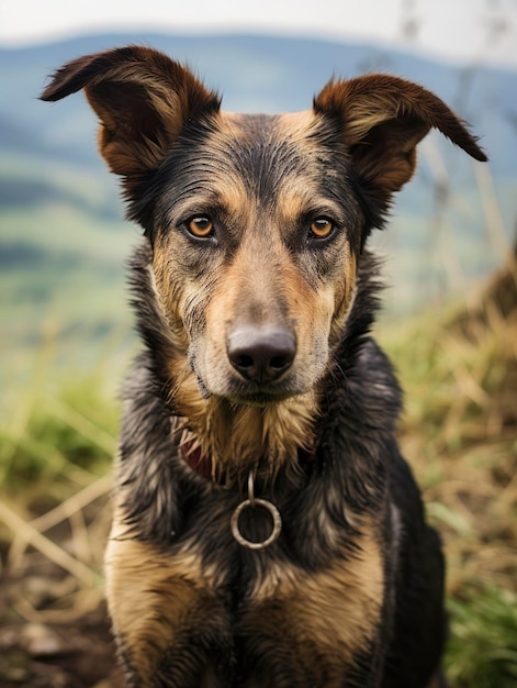 Farm dog shepherd with beautiful countryside in the background