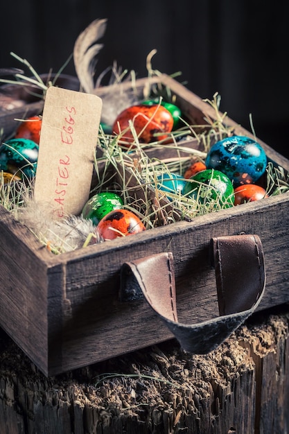 Farm eggs for Easter in the wooden box with hay