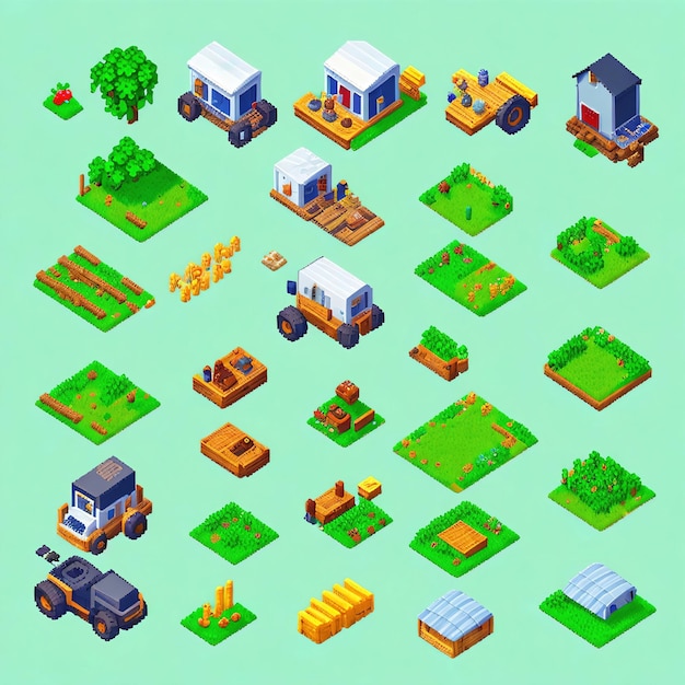 Farm Equipment Icons Collection 64Bit Pixel Art for TopDown Front View Games