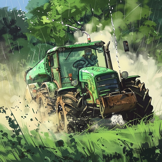 Farm expert driving work vehicle showering green glade