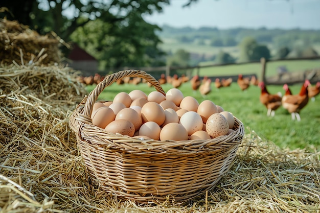 Photo farm fresh eggs in a wicker basket with freerange chickens in the background organic pasture