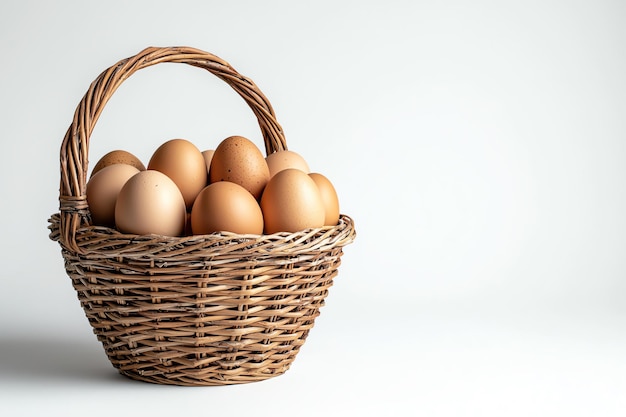 Photo farm fresh eggs in a wicker basket with freerange chickens in the background organic pasture