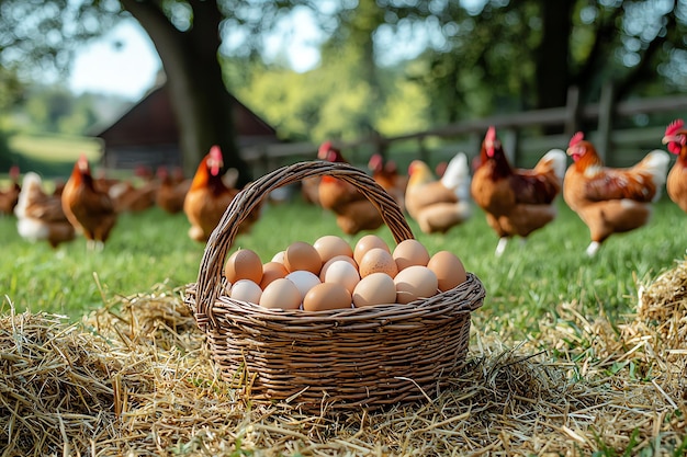 Farm Fresh Eggs in a Wicker Basket with FreeRange Chickens in the Background