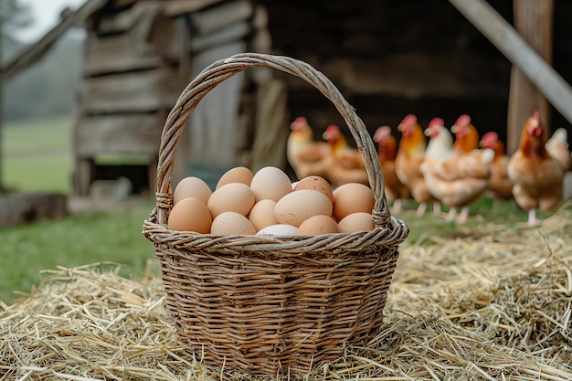 Farm Fresh Eggs in a Wicker Basket with FreeRange Chickens in the Background