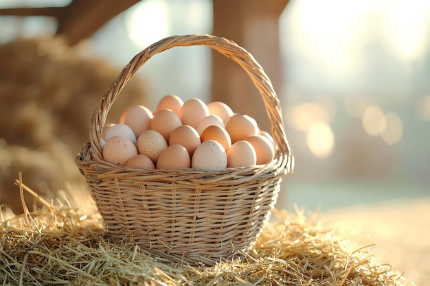 Farm Fresh Eggs in a Wicker Basket with FreeRange Chickens in the Background