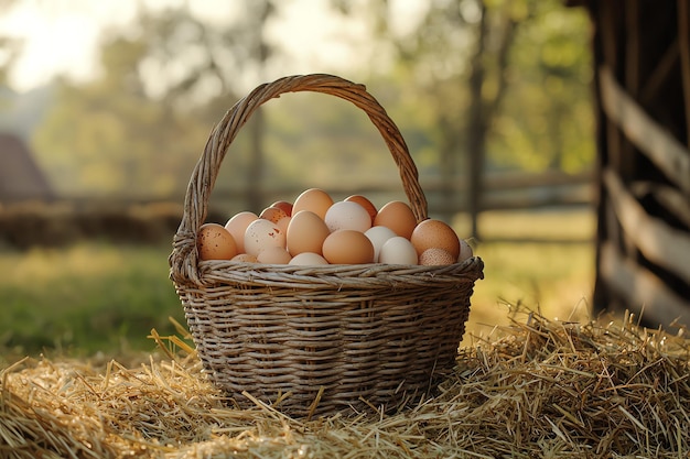 Farm Fresh Eggs in a Wicker Basket with FreeRange Chickens in the Background