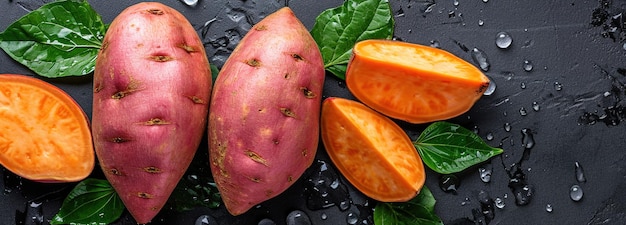 Farm Fresh Purple Sweet Potato with Natural Leafy Greens Overhead Composition food background