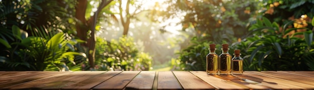 Photo farm fresh showcase wooden podium displaying food and perfume in lush green setting